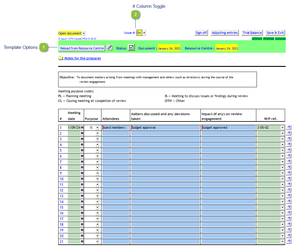 Worksheet — Notes on meetings with management and others (3-96)